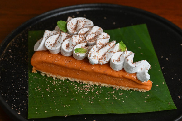 Thai tea tart with Thai milk tea panna cotta and whipped coconut cream.