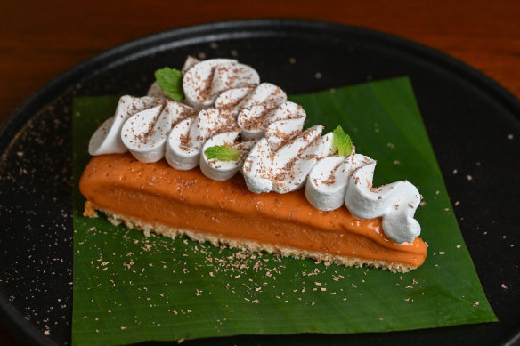 Thai tea tart with Thai milk tea panna cotta and whipped coconut cream.