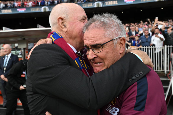 Leigh Matthews embraces Chris Fagan after the siren.