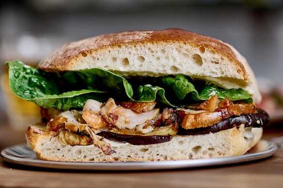 The porchetta and eggplant panino at Arno Deli, Newcastle.