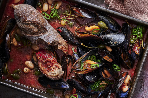 One-tray mussels with smoky tomato and butter beans.