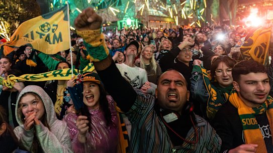 Matildas fans at the quarter-final live site at Federation Square.