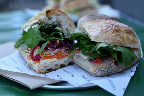 Pickled beetroot, carrot, sprouts, mayo, mushroom pate, tilsit cheese and rocket sandwich.