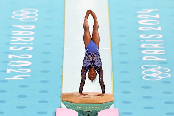 Simone Biles of Team United States competes on the vault during the artistic gymnastics.