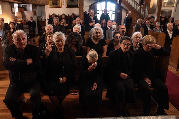 Mourners at the funeral of Apostolos (Paul) Tsagalidis in February.