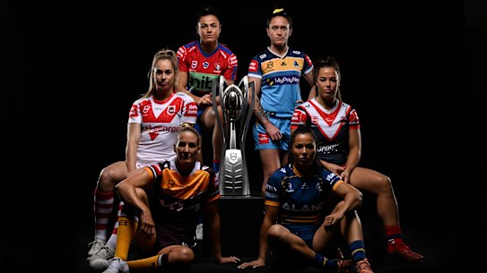 NRLW captains (l-r): Kezie Apps (Dragons), Ali Brigginshaw (Broncos), Millie Boyle (Knights), Britt Breayley-Nati (Titans), Tiana Penitani (Eels) and Isabelle Kelly (Roosters).