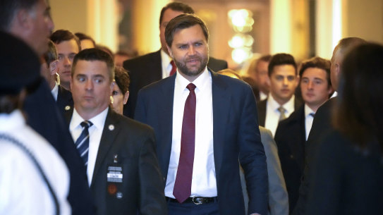 Vice President-elect Senator JD Vance arrives for a meeting of Senate Republicans on Capitol Hill.