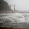 Waves batter the shore in Miyazaki, southern Japan, on Sunday as a powerful typhoon approaching Japan lashed the region with strong winds and heavy rain.