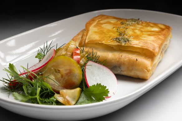 Eliopita, olive and leek filo pie is available at Sunday brunch.