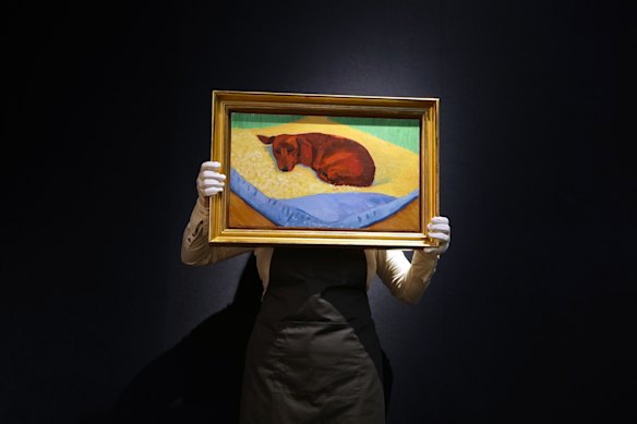A painting by David Hockney called ‘Dog Painting 17’ is displayed at Christie’s auction rooms in London, estimated at 1,500,000-2,500,00 UK pounds.