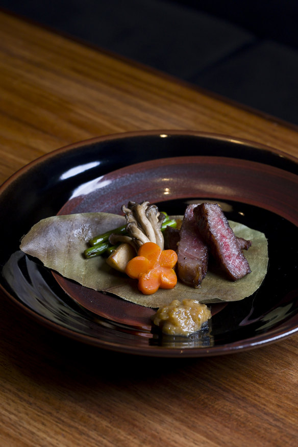 Grilled wagyu with sauteed vegetables.
