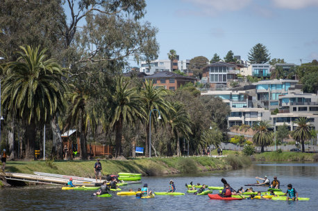 Paddlers on the Maribyrnong river, viewed from the Talip Bridge.