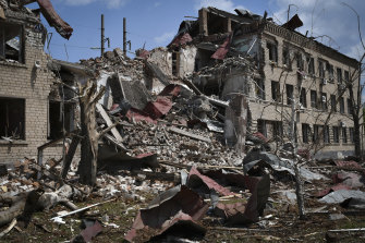 Destroyed houses are seen after Russian shelling in Soledar, Donetsk, this week.