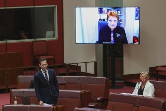 Matt Canavan giving his speech in the Senate on Monday, with Pauline Hanson looking on remotely.