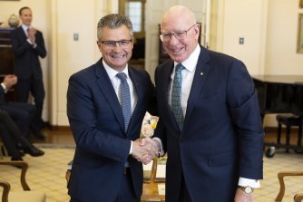 Assistant Minister for the Republic Matt Thistlethwaite at his swearing-in ceremony with Governor-General David Hurley at Government House. 