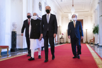 Quad summit: US President Joe Biden in the White House with, from left, Scott Morrison, Indian Prime Minister Narendra Modi and former Japanese Prime Minister Yoshihide Suga. 