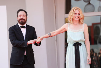 Pablo Larrain and Kristen Stewart at the Venice Film Festival premiere of Spencer on Friday.