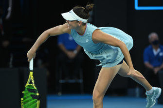 Jennifer Brady serves.