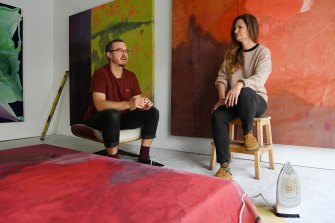 Artists Seth Birchall (left) and Lara Merrett in Merrett’s Leichhardt studio in Sydney’s west.
