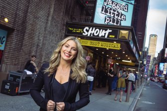 Natalie Bassingthwaighte in New York outside the <i>Jagged Little Pill</i> theatre.