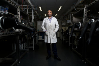 Professor Aguey-Zinsou at the laboratory on the UNSW campus, where his hydrogen storage components are tested. 