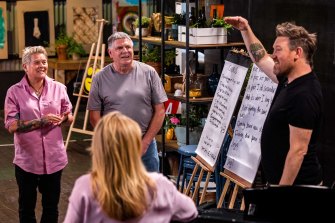 Songwriter Eddie Perfect helps <i>Space 22</i> participants including Vivienne and Ray write their own song.