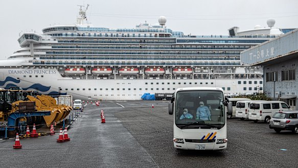 The Diamond Princess cruise ship docked at Daikoku Pier in Yokohama, Japan.