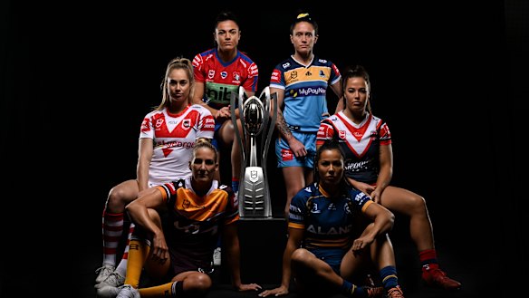 NRLW captains (l-r): Kezie Apps (Dragons), Ali Brigginshaw (Broncos), Millie Boyle (Knights), Britt Breayley-Nati (Titans), Tiana Penitani (Eels) and Isabelle Kelly (Roosters).
