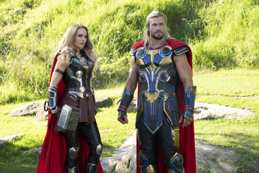 Natalie Portman as Mighty Thor and Chris Hemsworth as Thor in Thor: Love And Thunder.