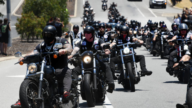 Bikies ride from the funeral home in North Perth to Pinnaroo Valley Memorial Park.