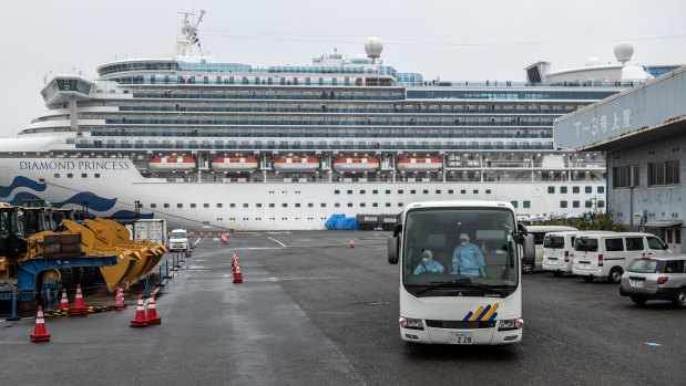 The Diamond Princess cruise ship docked at Daikoku Pier in Yokohama, Japan.