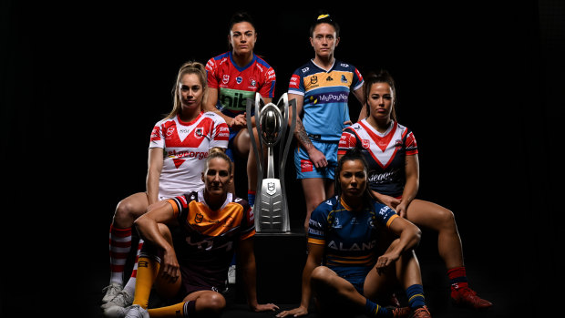 NRLW captains (l-r): Kezie Apps (Dragons), Ali Brigginshaw (Broncos), Millie Boyle (Knights), Britt Breayley-Nati (Titans), Tiana Penitani (Eels) and Isabelle Kelly (Roosters).