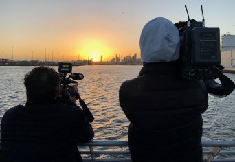 Better than sitting in traffic: A passenger's view of Melbourne CBD from the Port Phillip Ferries' 6.15am voyage from Geelong to Docklands.