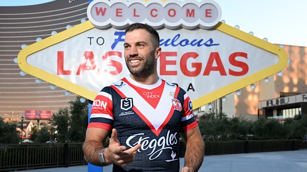 Roosters skipper James Tedesco poses for photos outside Resorts World in Las Vegas on Wednesday evening.