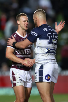 Queensland love-in: Daly Cherry-Evans and Coen Hess greet each other after full time.