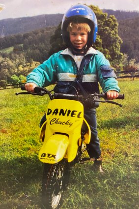 Daniel Sanders on his first motorbike aged eight in Victoria’s Yarra Valley