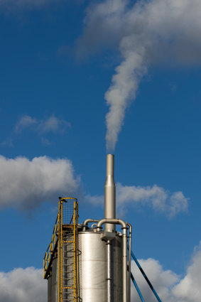 One of the stacks emitting the odorous steam from the Visy plant.