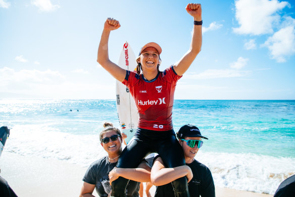 Molly Picklum celebrates her first Championship Tour victory at Sunset Beach.