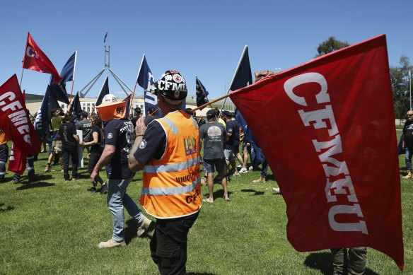 A rally protesting CFMEU administration, at the front of Parliament House in Canberra on Tuesday 10 December 2024.