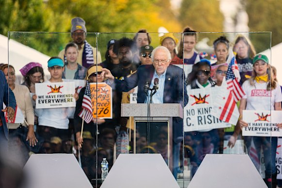 Vermont senator Bernie Sanders addresses the crowd in Washington. 