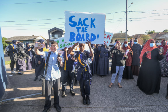 The protest outside East Preston Islamic College on Friday.