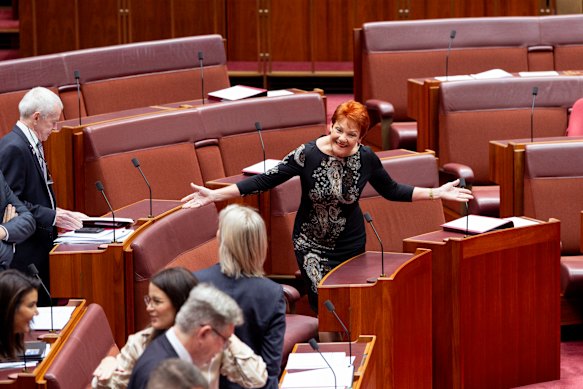 One Nation Senator Pauline Hanson returns to the Senate after she was expelled for wearing a burqa at Parliament House in Canberra.