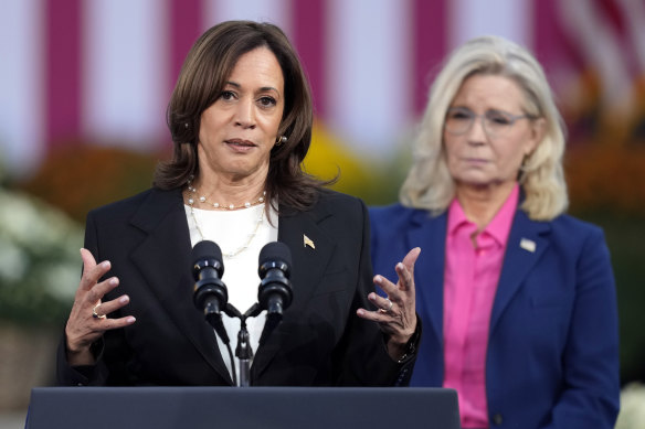 Vice President Kamala Harris, the Democratic presidential nominee, and Republican Liz Cheney at a campaign rally in Wisconsin.