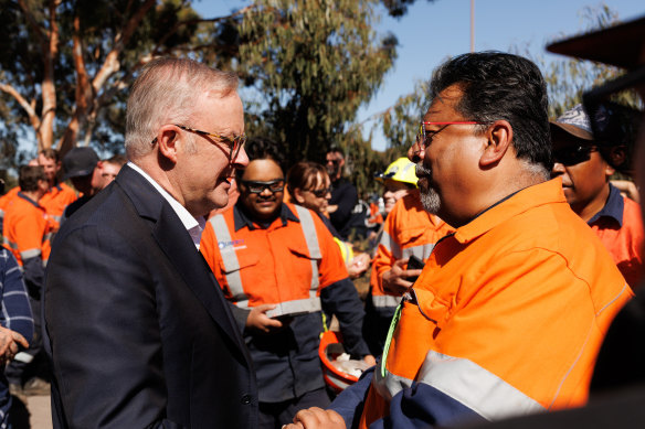 Prime Minister Albanese with steelworkers at Whyalla.