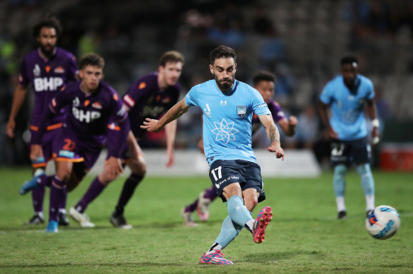 Anthony Caceres scores for Sydney FC in their loss to Perth.