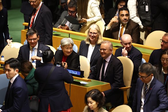 Foreign Minister Penny Wong and Prime Minister Anthony Albanese on the UN floor for the opening session.