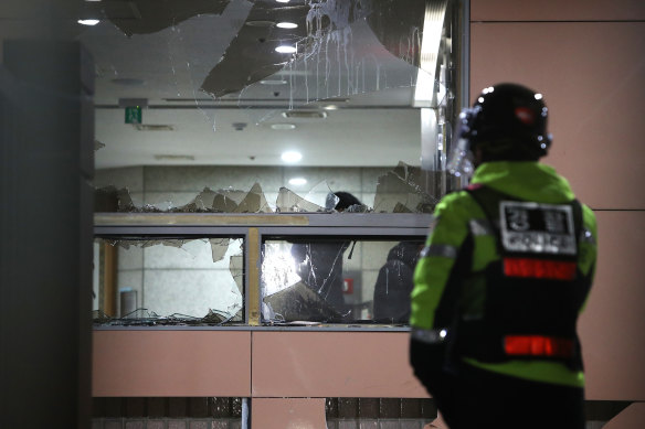Broken glass at the court after the break-in.