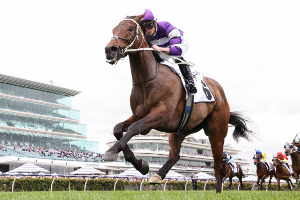 Riff Rocket ridden by James McDonald wins the ABC Bullion Super Impose Stakes at Flemington earlier this month, a victory that helped confirm its status as a favourite for the VRC Derby.