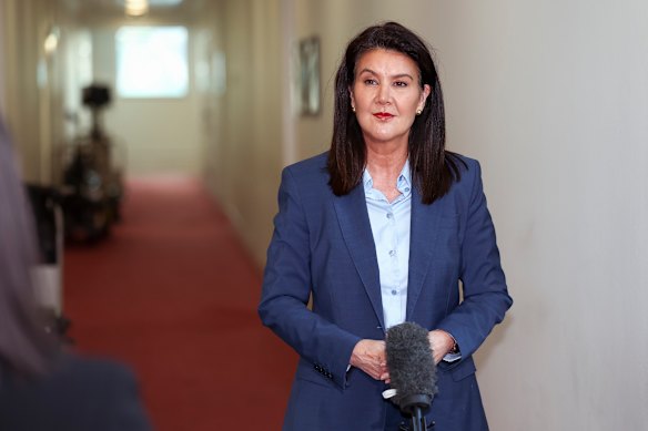 Deputy Liberal leader Jane Hume during a doorstop at Parliament House in Canberra.