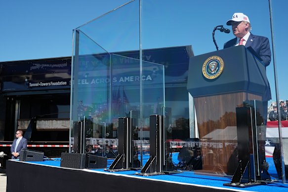 Donald Trump addresses a crowd on The Ellipse, outside the White House, honouring heroes of the September 11 terrorist attacks.